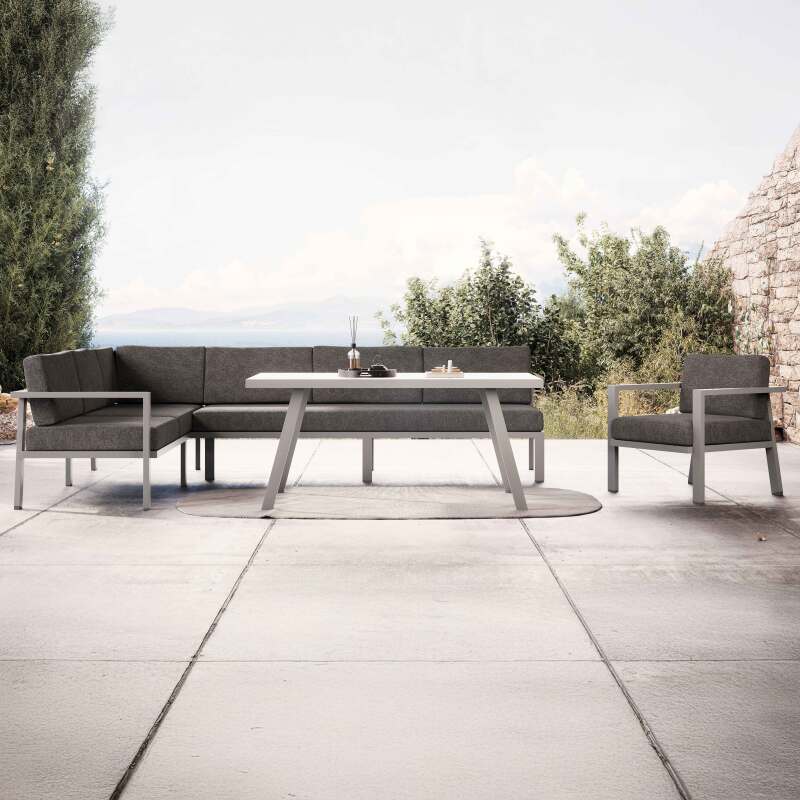 Conjunto de jardín de 6 plazas de aluminio + 1 sillón + 1 mesa de comedor