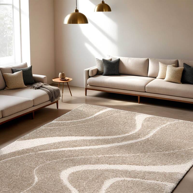 Alfombra shaggy rectangular de poliéster reciclado con motivos geométricos de pelo largo