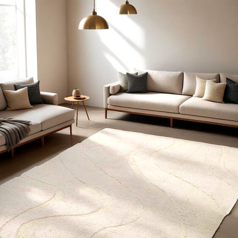 Alfombra shaggy rectangular de poliéster reciclado con motivos geométricos de pelo largo