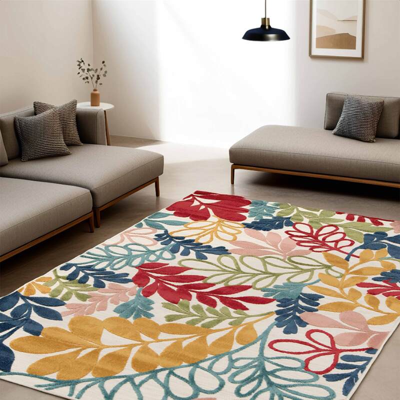 Alfombra rectangular de polipropileno con motivos florales de pelo corto