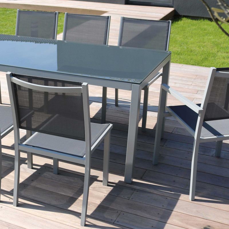 Mesa de jardín rectangular 180 x 90 cm, tablero de cristal y 8 sillas