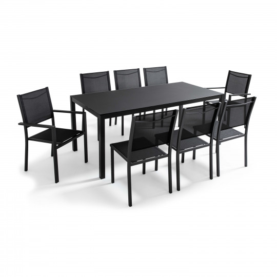 Mesa de jardín rectangular 180 x 90 cm, tablero de cristal y 8 sillas