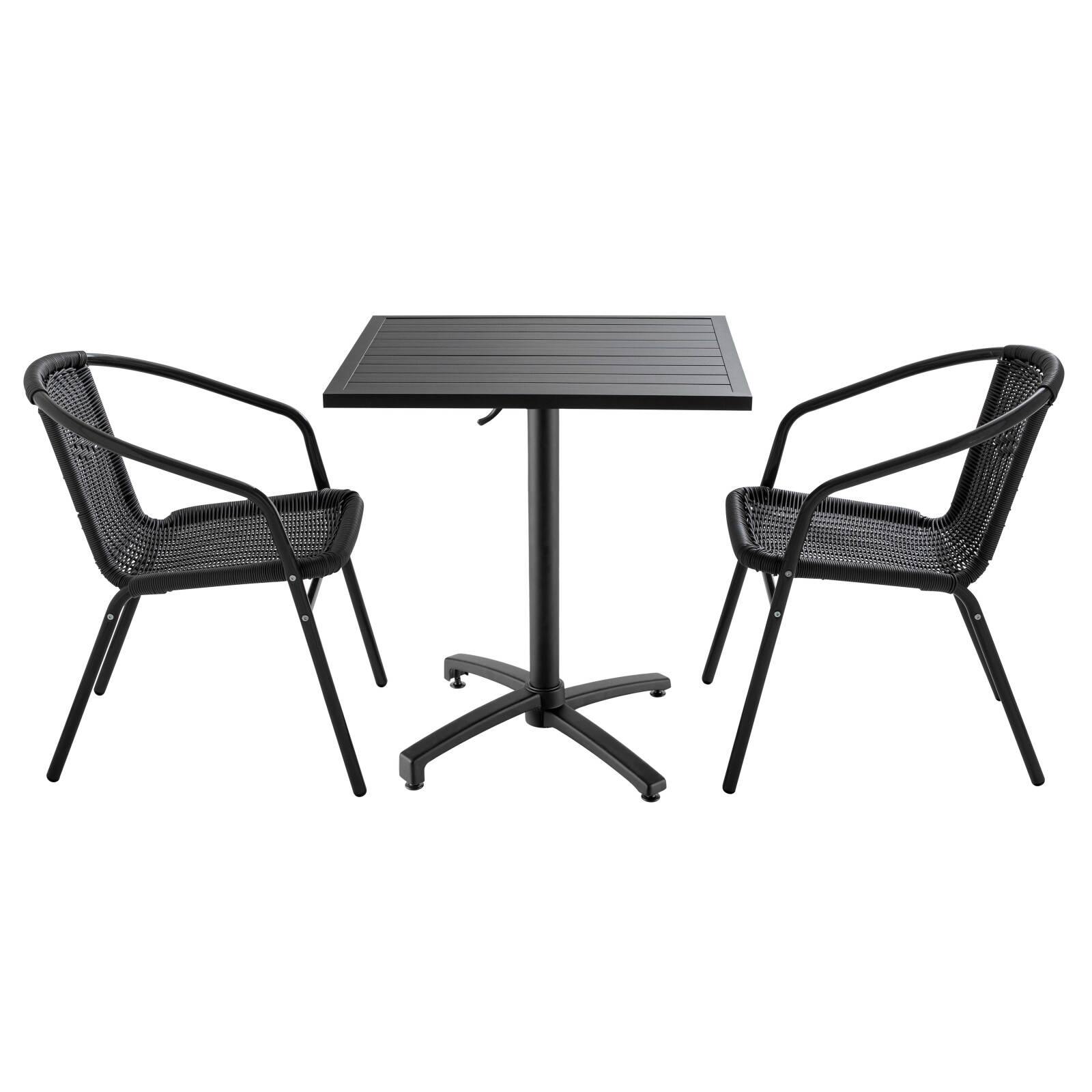 Mesa de jardín cuadrada 70 x 70 cm de aluminio gris antracita y 2 sillas apilables con reposabrazos