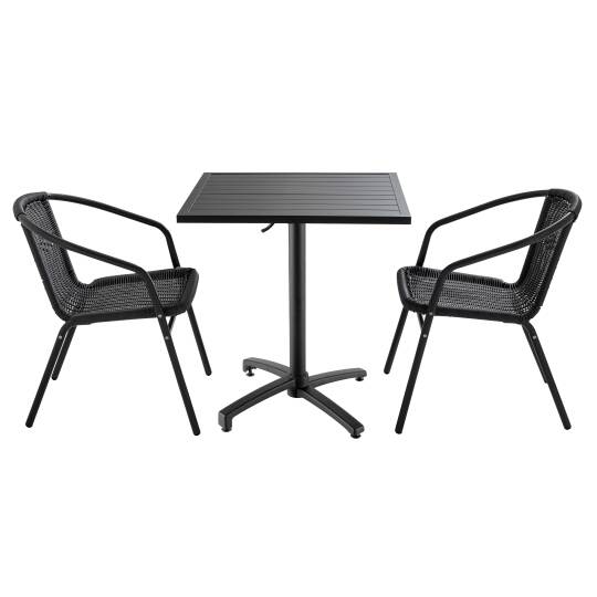 Mesa de jardín cuadrada 70 x 70 cm de aluminio gris antracita y 2 sillas apilables con reposabrazos
