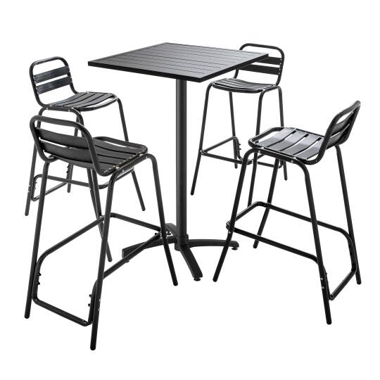 Mesa de jardín gris alta de pie de 60 x 60 cm y 4 sillas altas de aluminio