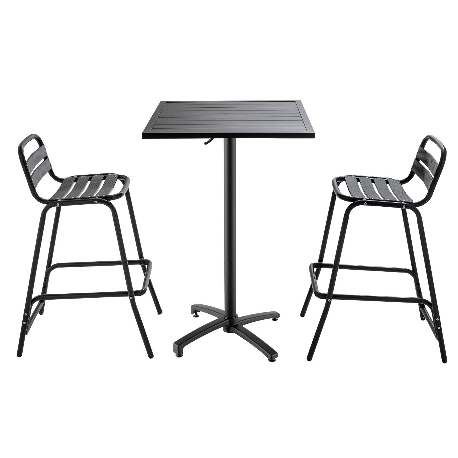 Mesa de jardín alta de 60 x 60 cm y 2 sillas altas de aluminio