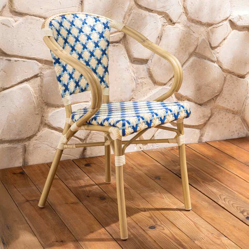Silla de jardín bistró parisino de aluminio y ratán sintético con reposabrazos, motivo de cruz - Lifestyle