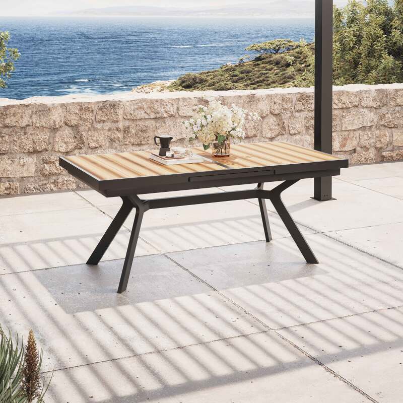 Mesa de jardín extensible rectangular (187/250 x 90 x 77 cm) en aluminio y efecto madera