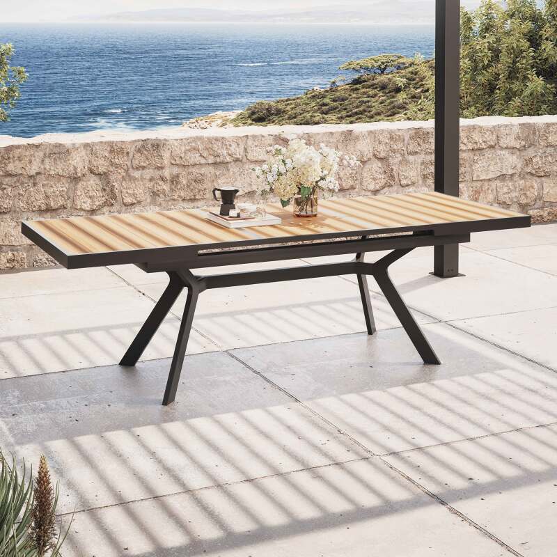 Mesa de jardín extensible rectangular 187/250 cm en aluminio y 10 sillas con reposabrazos