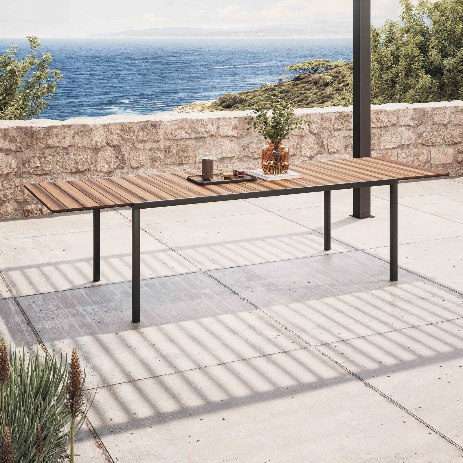 Mesa de jardín rectangular extensible con 8 sillas y 2 sillas con reposabrazos