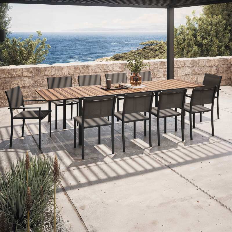 Mesa de jardín rectangular extensible con 8 sillas y 2 sillas con reposabrazos