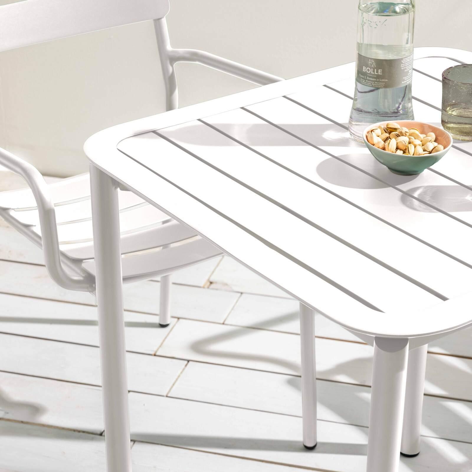 Mesa de patio cuadrada de 70 x 70 cm y 4 sillas con reposabrazos de aluminio