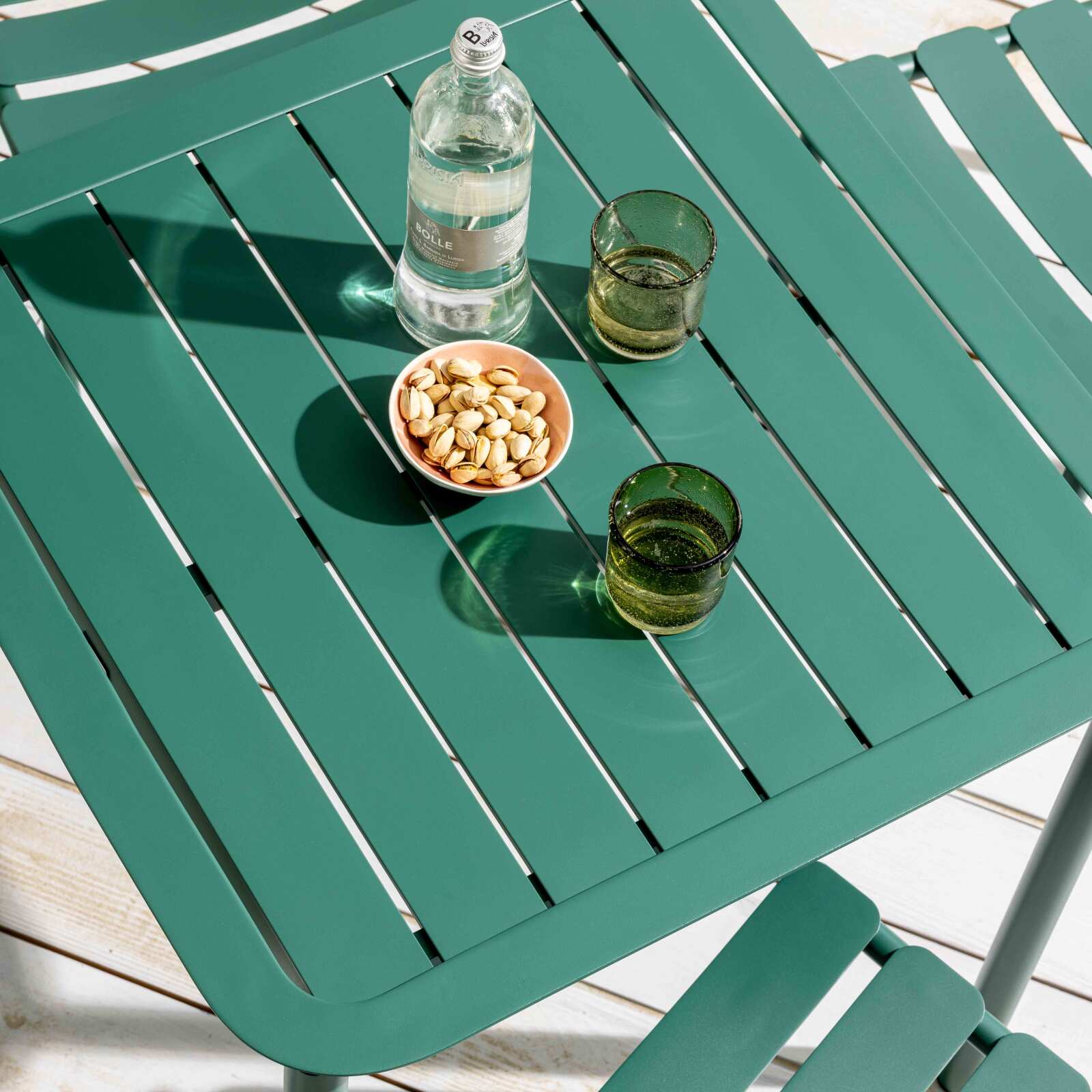 Mesa de terraza cuadrada 70 x 70 cm y 4 sillas de aluminio