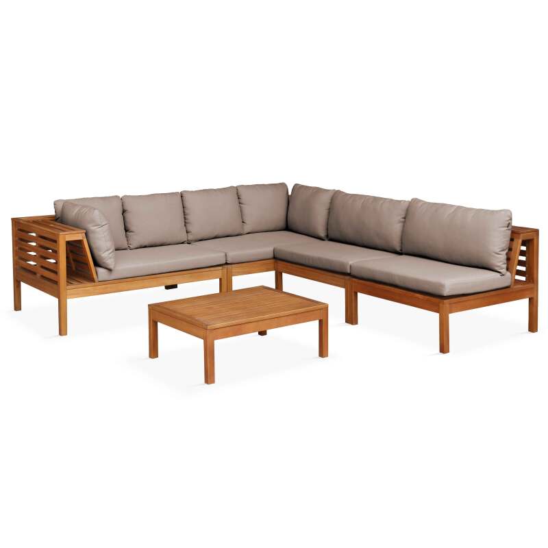 Sofá de jardín en forma de L de 5 plazas con mesa de madera de eucalipto FSC®