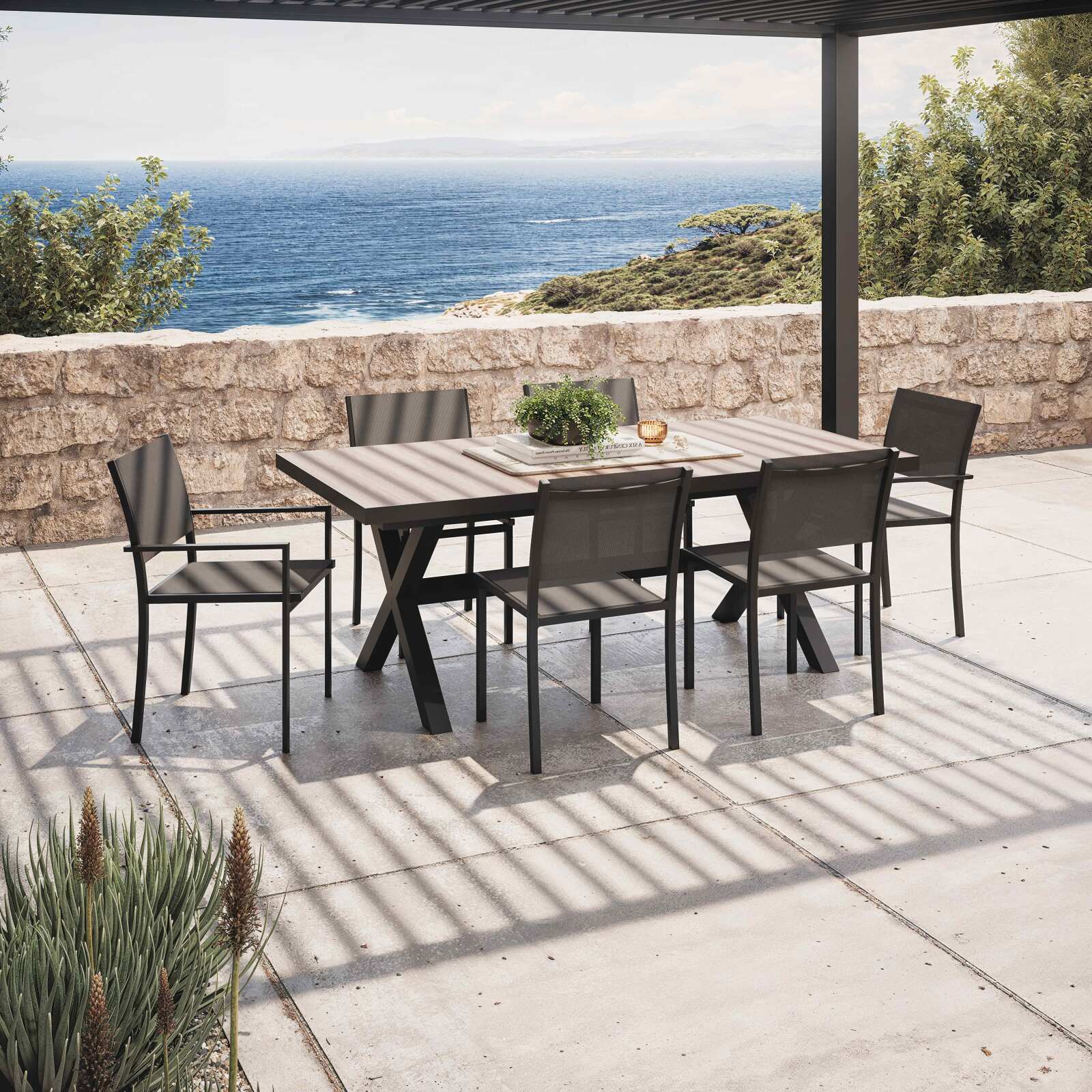 Mesa de jardín rectangular extensible con 8 sillas y 2 sillas con reposabrazos
