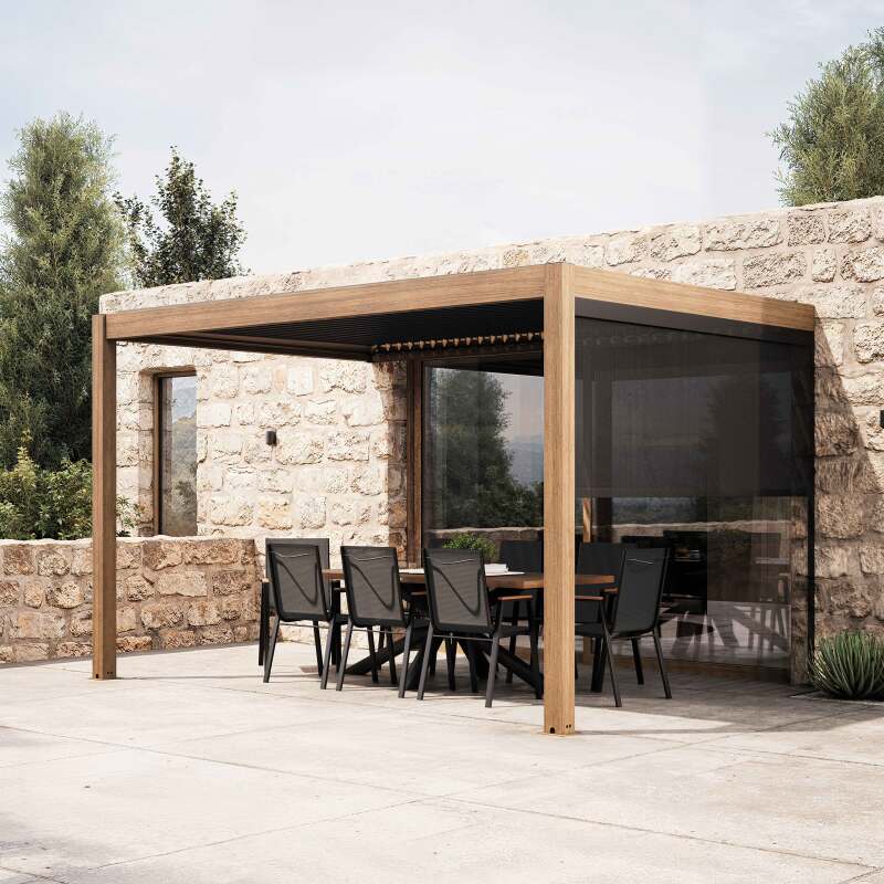 Pérgola bioclimática adosada 4x3m aluminio imitación madera de 1, 2 o 3 persianas