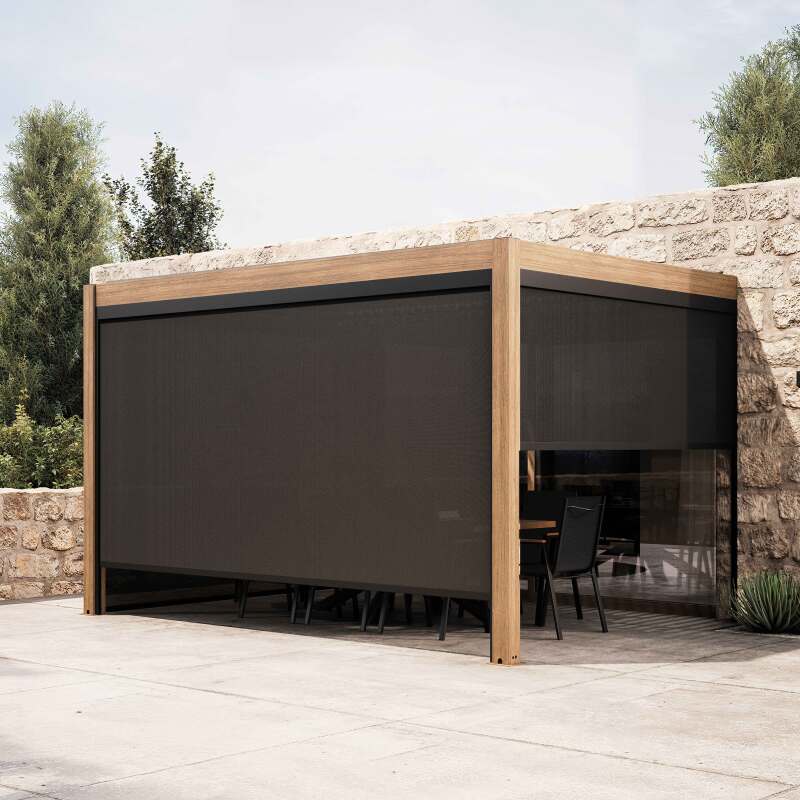 Pérgola bioclimática adosada 4x3m aluminio imitación madera de 1, 2 o 3 persianas