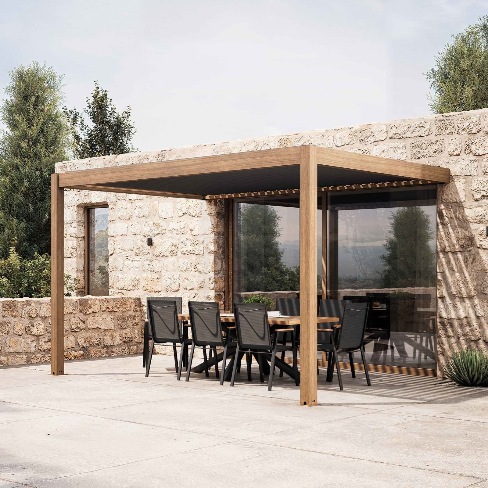 Pérgola bioclimática adosada 4x3m aluminio imitación madera de 1, 2 o 3 persianas
