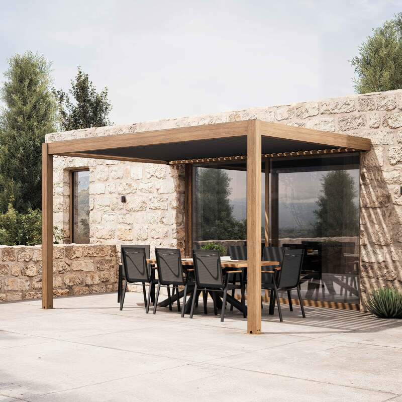 Pérgola bioclimática adosada 4x3m aluminio imitación madera de 1, 2 o 3 persianas