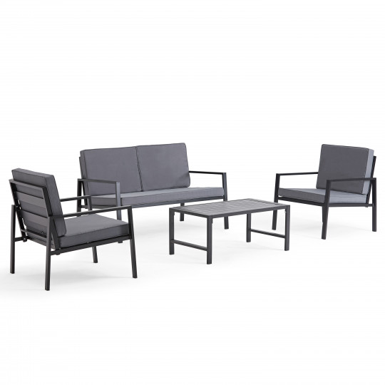 Conjunto de jardín bajo 4 plazas de aluminio compuesto de un sofá, 2 sillones y una mesa de centro