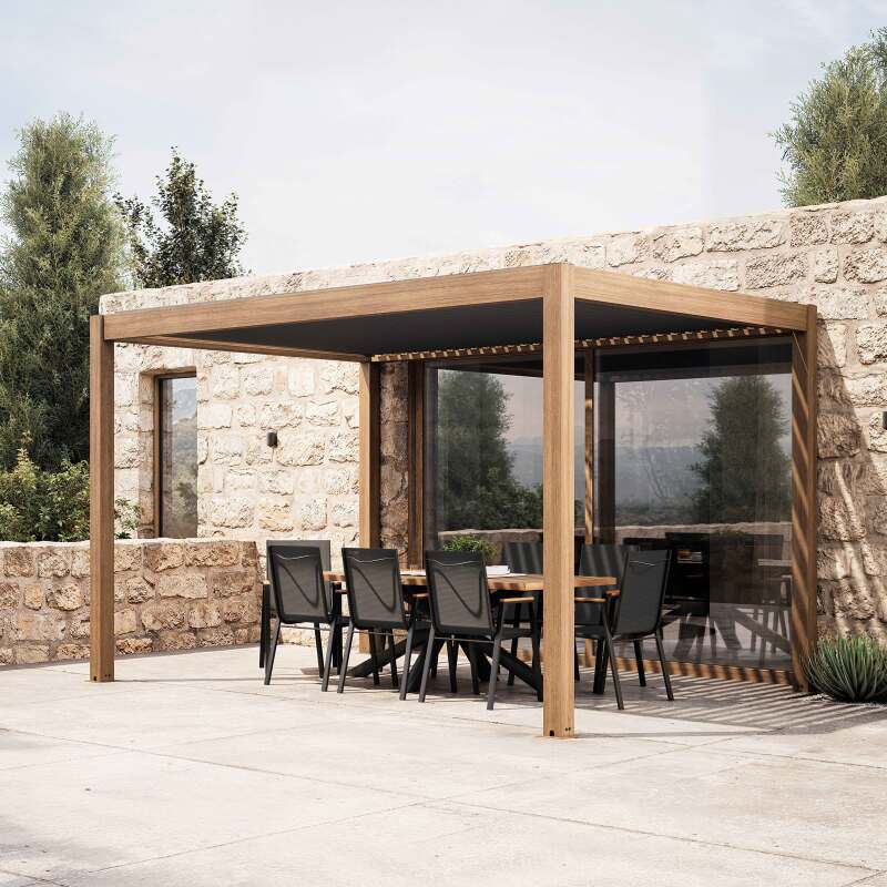 Pérgola bioclimática autoportante 4x3m motorizada/iluminada con techo de aluminio gris efecto madera de 1, 2 o 3 persianas