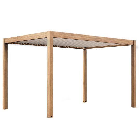 Pérgola bioclimática autoportante 4x3m motorizada techo de aluminio blanco efecto madera con iluminación LED