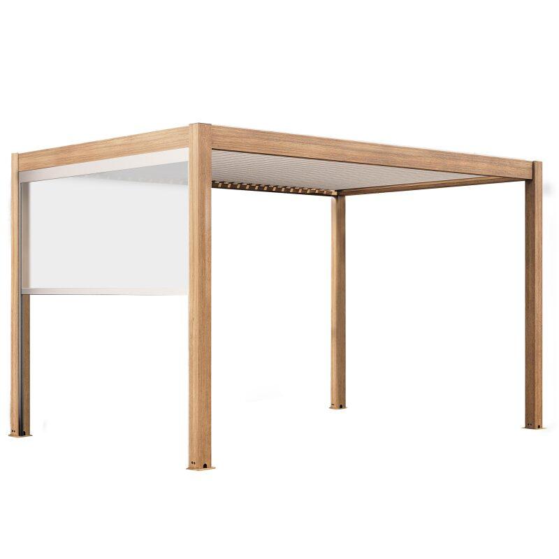 Pérgola bioclimática autoportante 4x3m motorizada/iluminada techo de aluminio blanco efecto madera con 1, 2 o 3 persianas