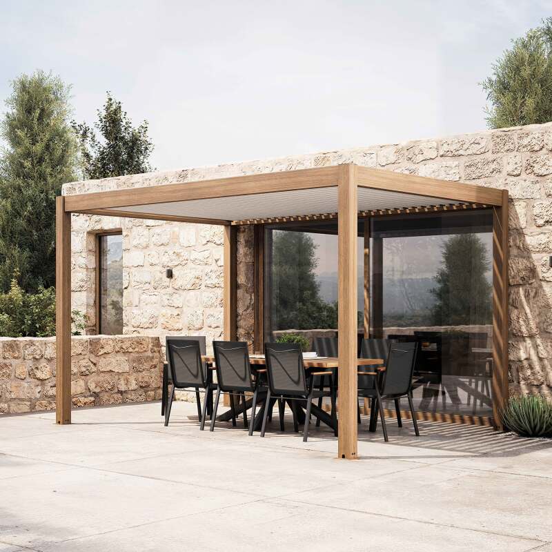 Pérgola bioclimática autoportante 4x3m motorizada/iluminada techo de aluminio blanco efecto madera con 1, 2 o 3 persianas