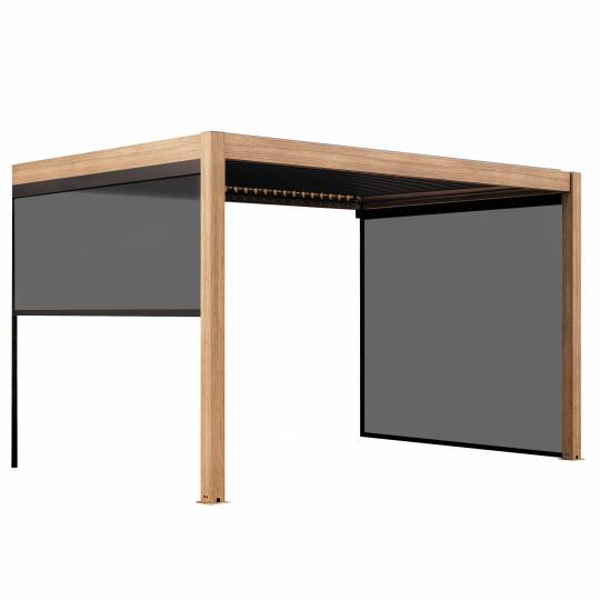 Pérgola bioclimática adosada 4x3m aluminio efecto madera motorizada/iluminada con 1, 2 o 3 persianas | Oviala