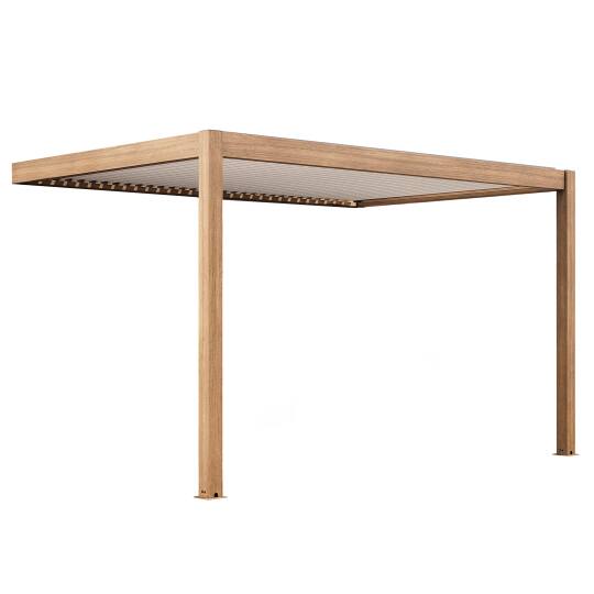 Pérgola bioclimática 4x3m motorizada adosada a la pared de aluminio efecto madera techo blanco con iluminación LED