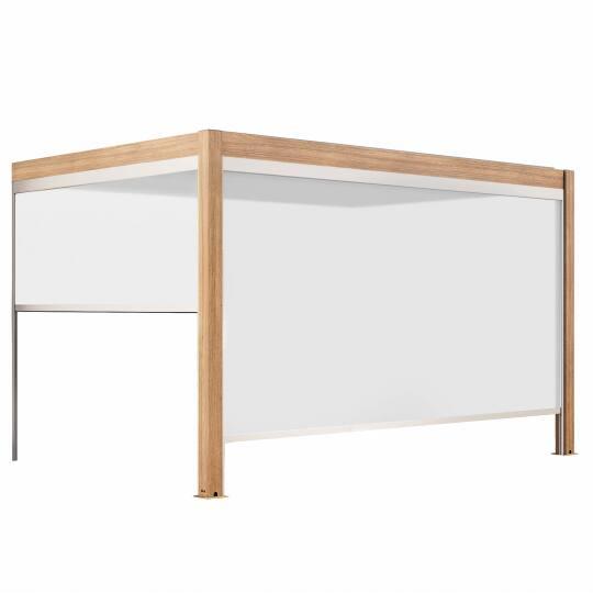 Pérgola bioclimática adosada 4x3m motorizada/iluminada con techo de aluminio blanco efecto madera de 1, 2 o 3 persianas