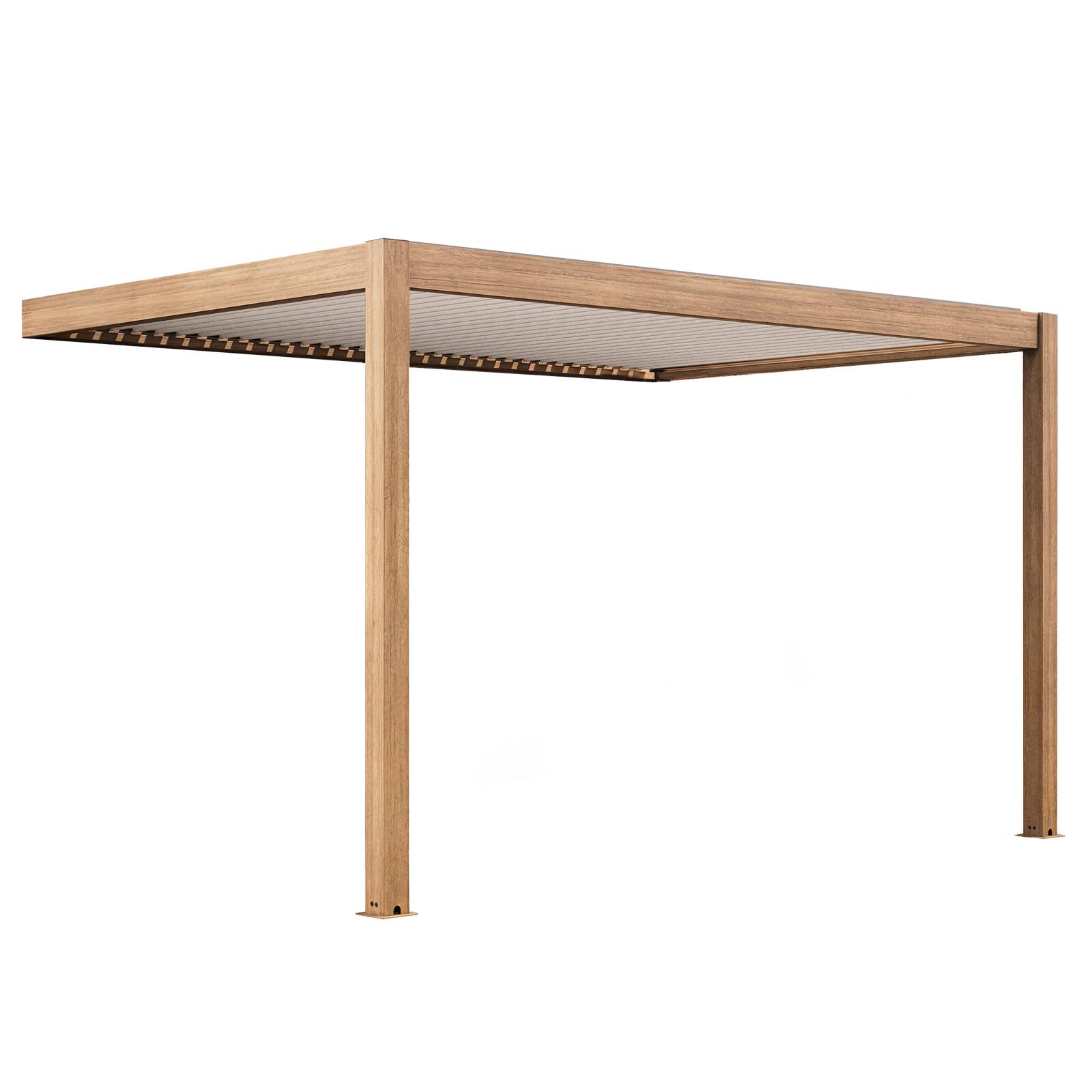 Pérgola bioclimática adosada 4x3m motorizada/iluminada con techo de aluminio blanco efecto madera de 1, 2 o 3 persianas