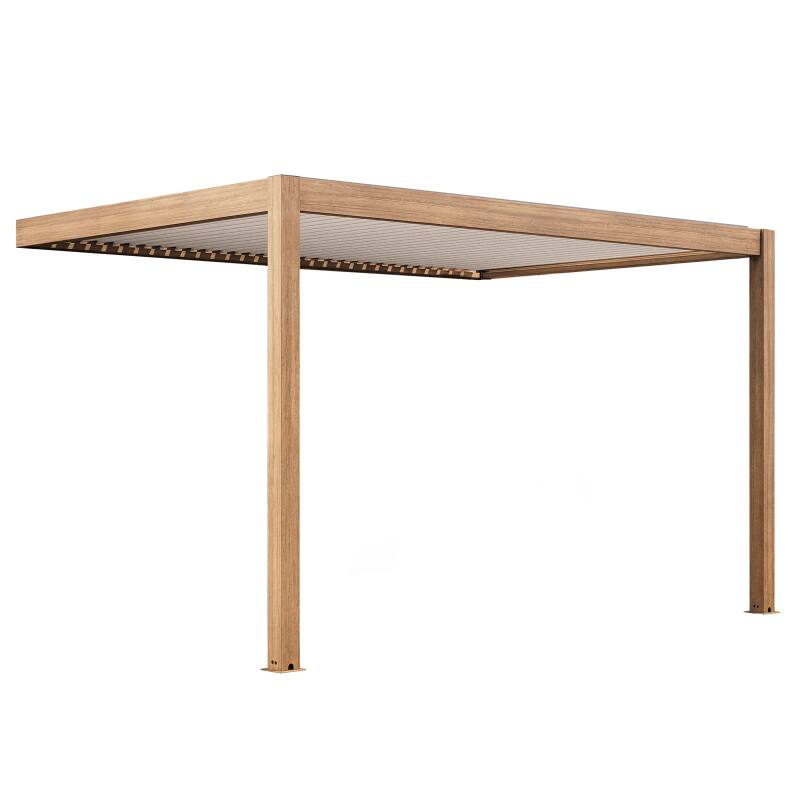 Pérgola bioclimática adosada 4x3m motorizada/iluminada con techo de aluminio blanco efecto madera de 1, 2 o 3 persianas