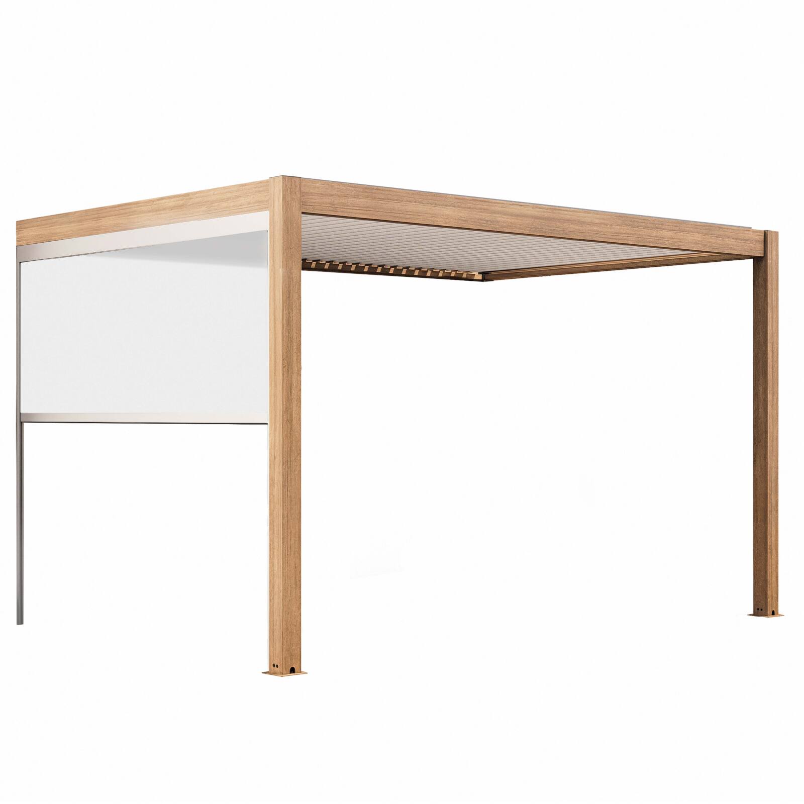 Pérgola bioclimática adosada 4x3m motorizada/iluminada con techo de aluminio blanco efecto madera de 1, 2 o 3 persianas