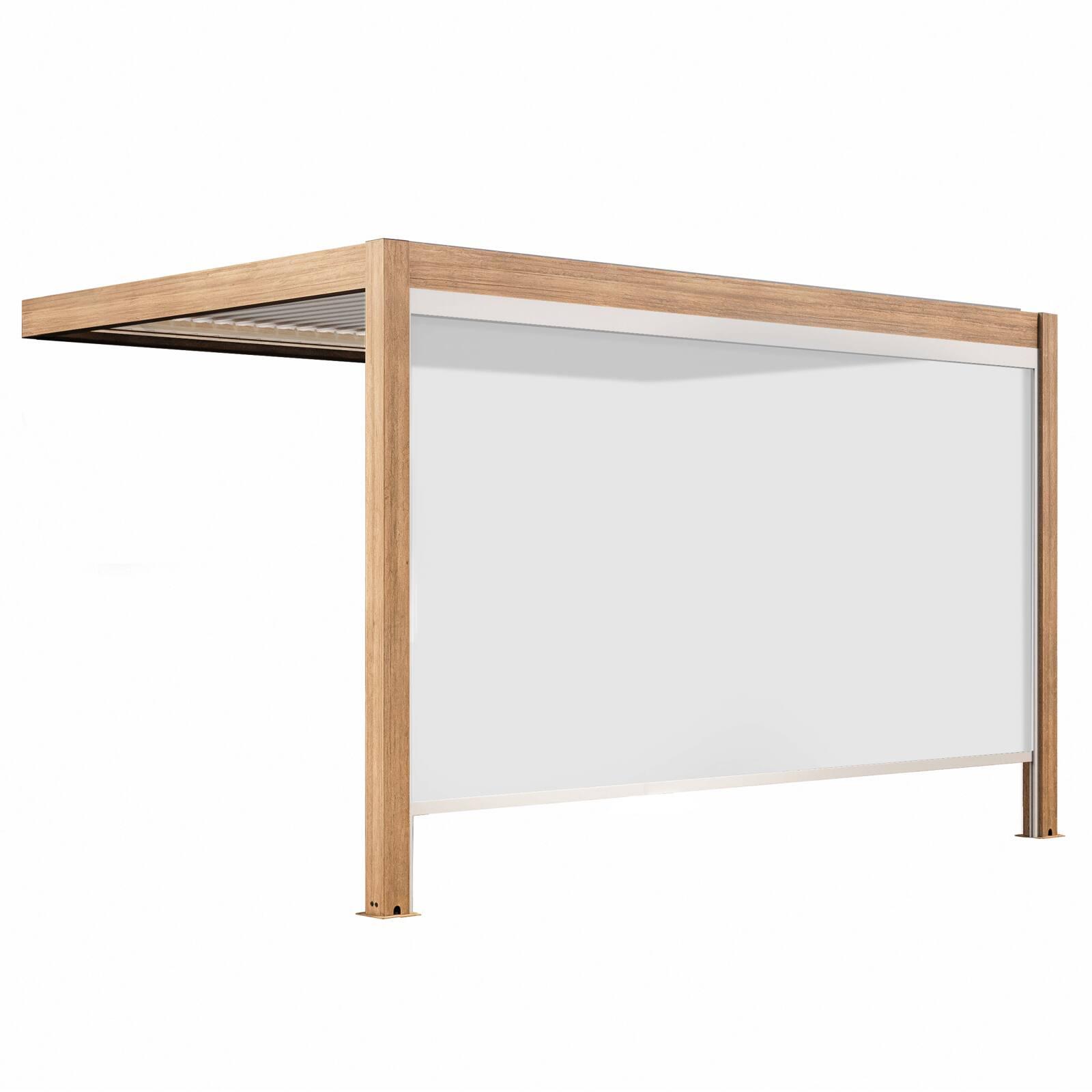 Pérgola bioclimática adosada 4x3m motorizada/iluminada con techo de aluminio blanco efecto madera de 1, 2 o 3 persianas