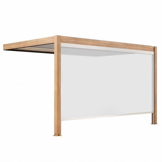 Pérgola bioclimática adosada 4x3m motorizada/iluminada con techo de aluminio blanco efecto madera de 1, 2 o 3 persianas