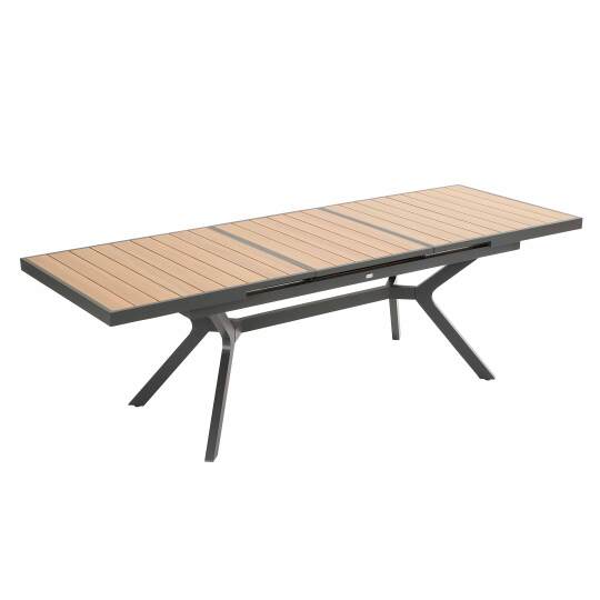 Mesa de jardín extensible rectangular (187/250 x 90 x 77 cm) en aluminio y efecto madera
