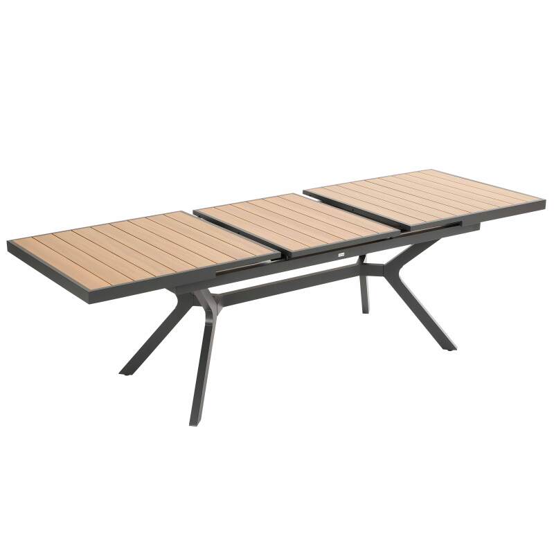 Mesa de jardín extensible rectangular (187/250 x 90 x 77 cm) en aluminio y efecto madera