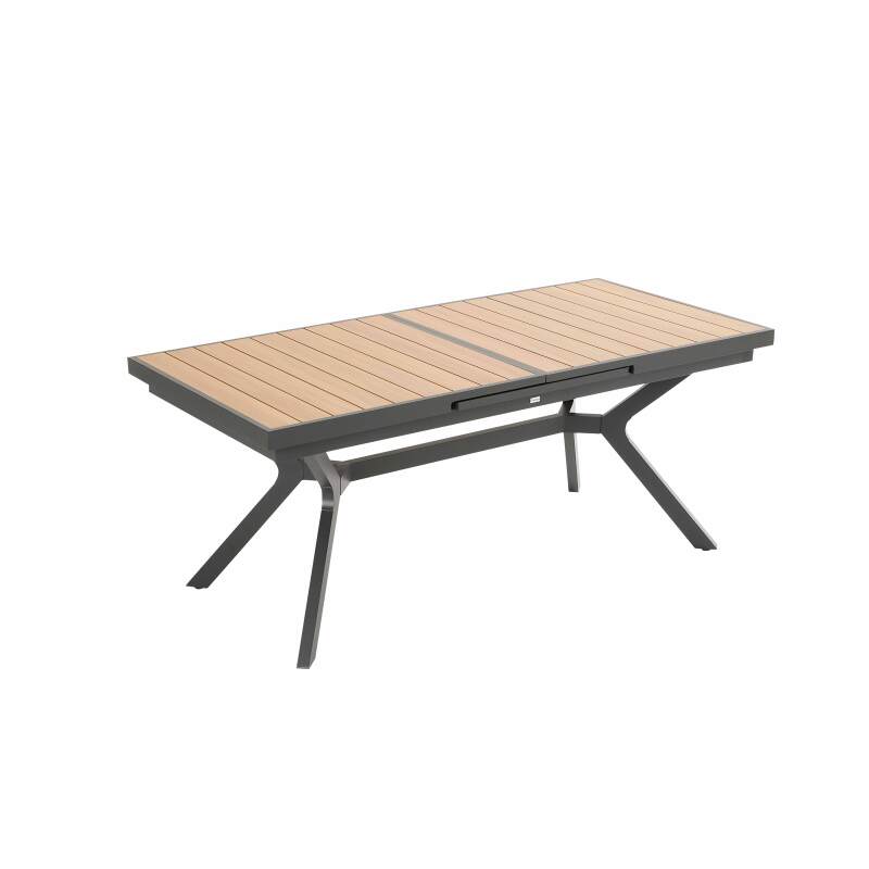 Mesa de jardín extensible rectangular (187/250 x 90 x 77 cm) en aluminio y efecto madera