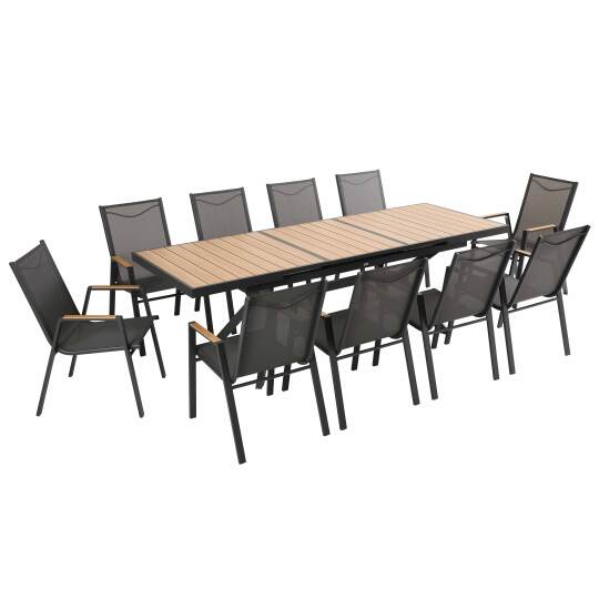 Mesa de jardín extensible rectangular 187/250 cm en aluminio y 10 sillas con reposabrazos