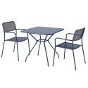 Mesa de jardín cuadrada 70 x 70 x 73 cm y 2 sillas con reposabrazos de metal