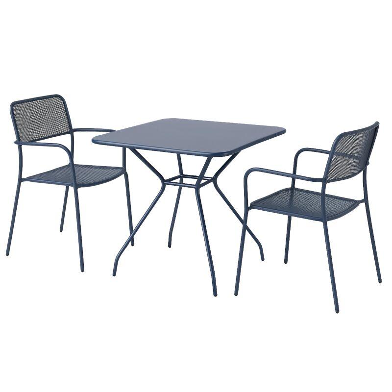 Mesa de jardín cuadrada 70 x 70 x 73 cm y 2 sillas con reposabrazos de metal  
