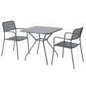 Mesa de jardín cuadrada 70 x 70 x 73 cm y 2 sillas con reposabrazos de metal  