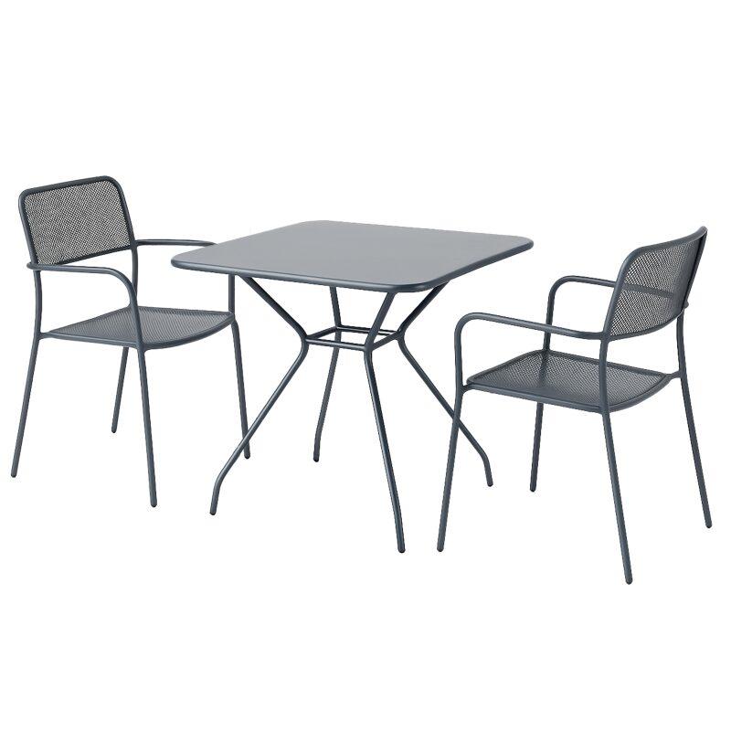 Mesa de jardín cuadrada 70 x 70 x 73 cm y 2 sillas con reposabrazos de metal  