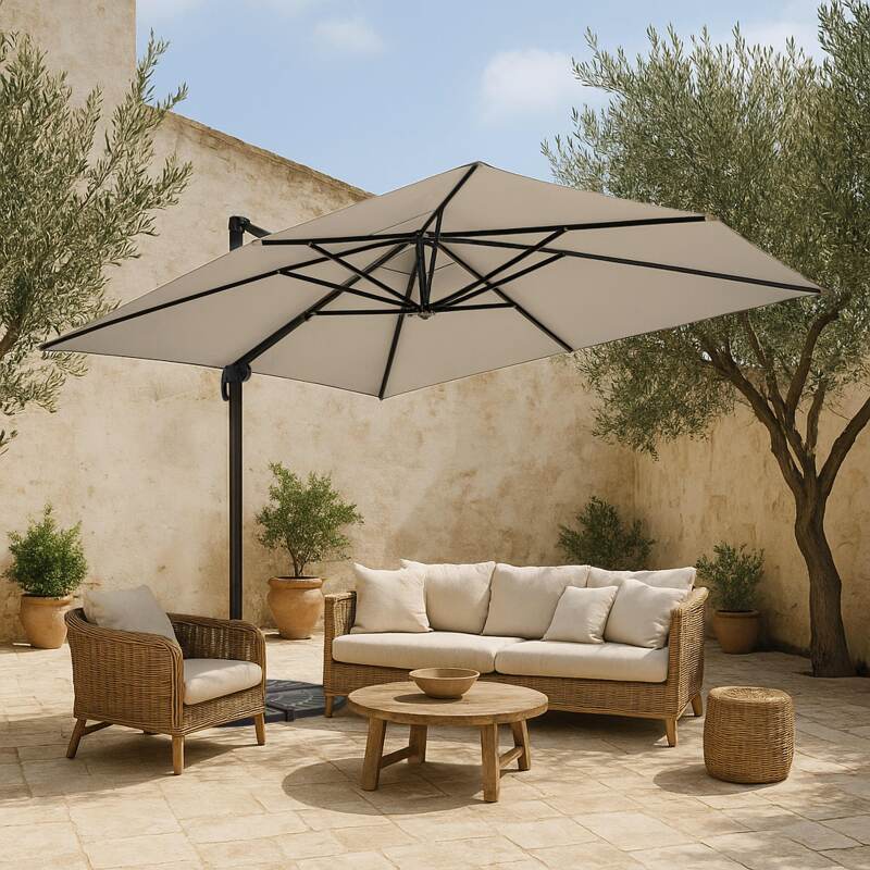 Parasol excéntrico inclinable y rotación de 360° (4 x 3 m) y 4 losas lastradas