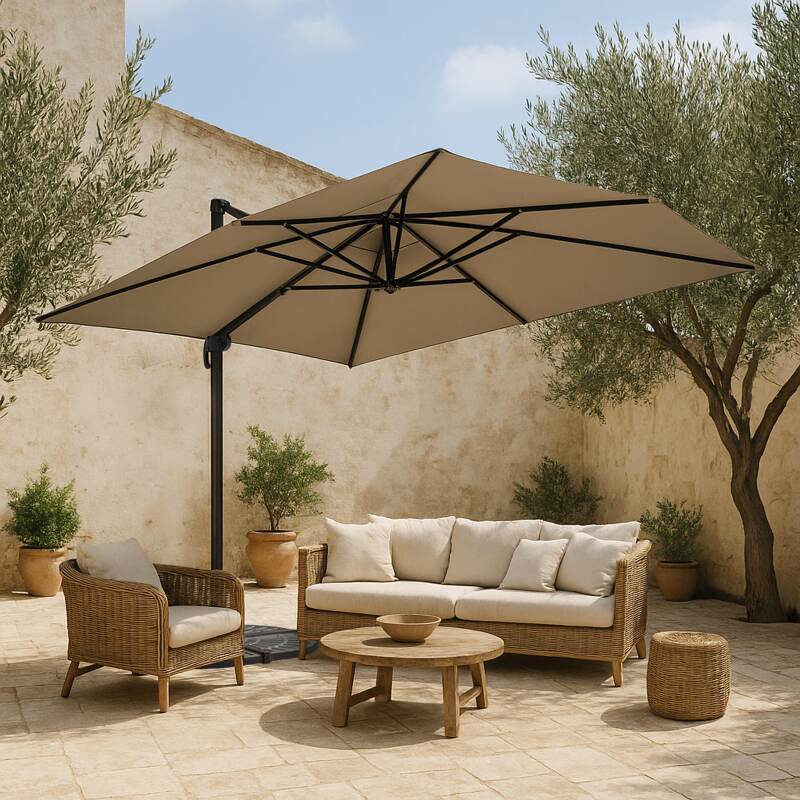 Parasol excéntrico inclinable y rotación de 360° (4 x 3 m) y 4 losas lastradas