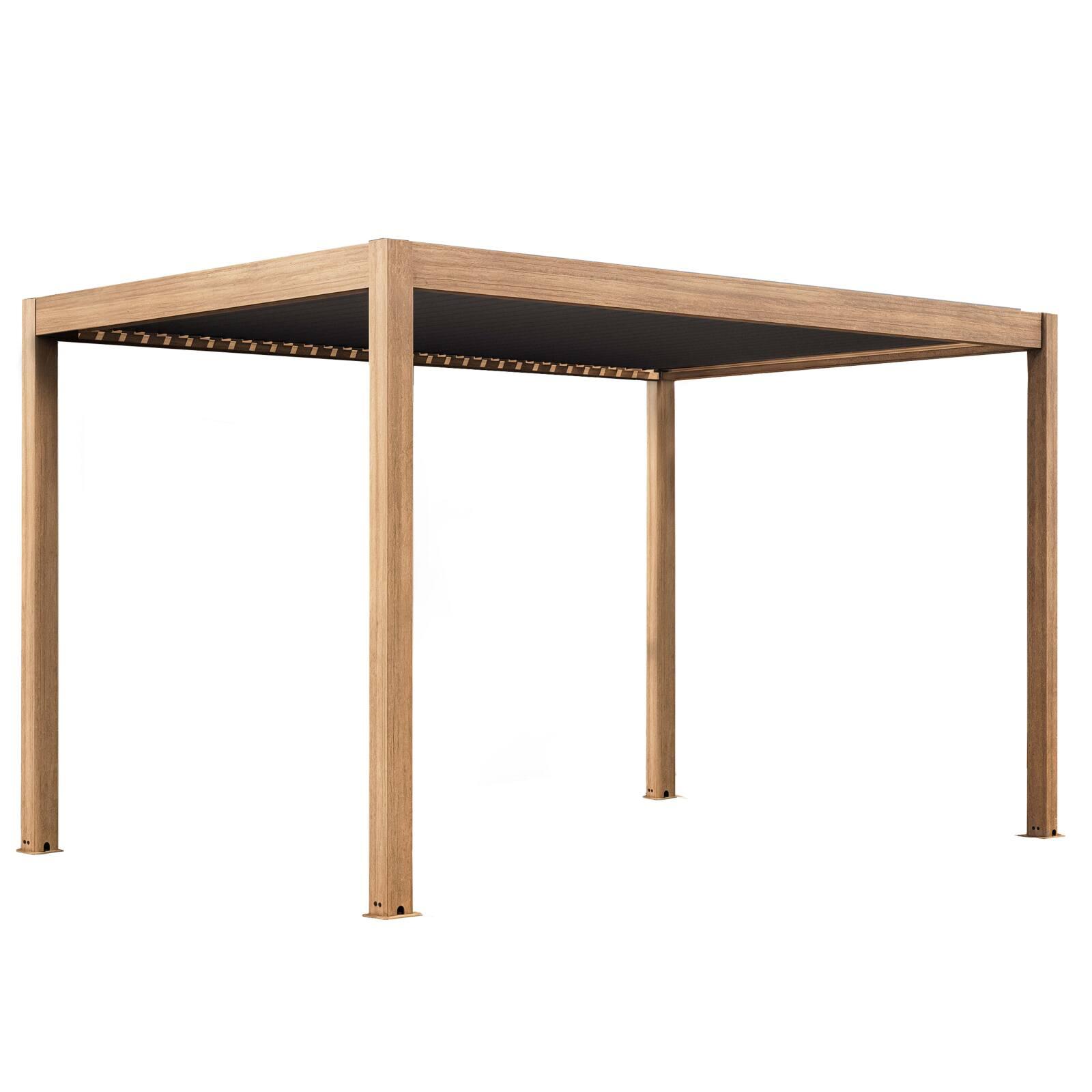 Pérgola bioclimática autoportante 4x3m motorizada techo de aluminio gris efecto madera con iluminación LED