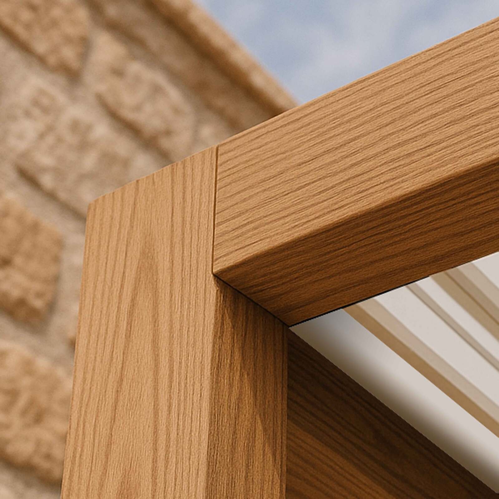 Pérgola bioclimática autoportante 4x3m motorizada techo de aluminio blanco efecto madera con iluminación LED