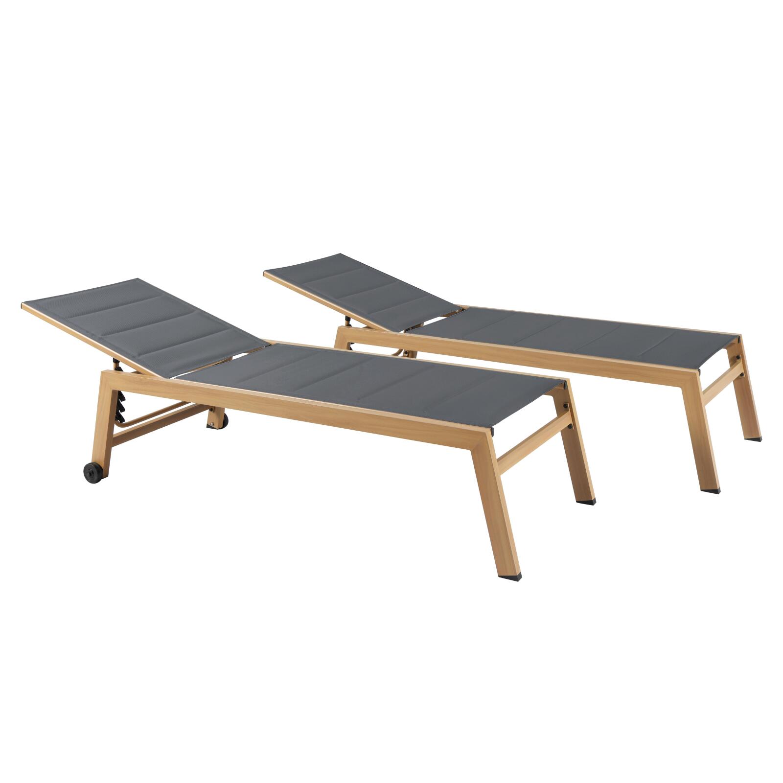 Conjunto de 2 tumbonas de aluminio efecto madera con ruedas, reclinables 5 posiciones