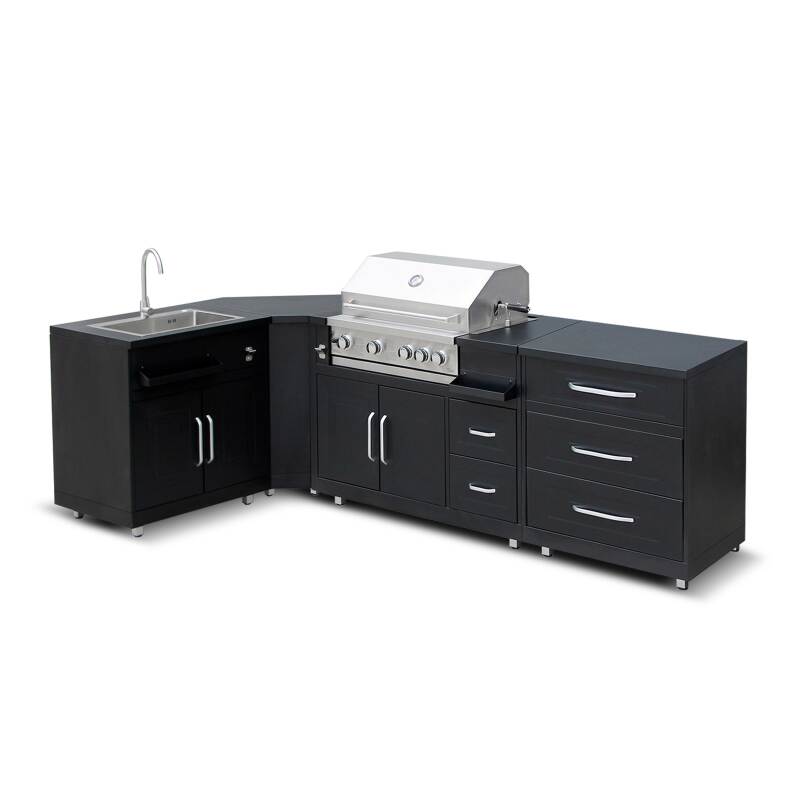 Cocina exterior de acero de 4 elementos con barbacoa.